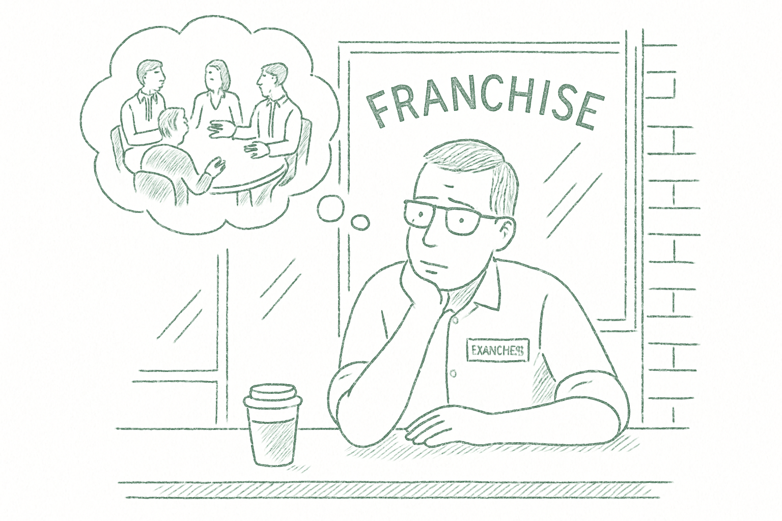 A franchise owner alone at a storefront counter, thinking about peer group discussion