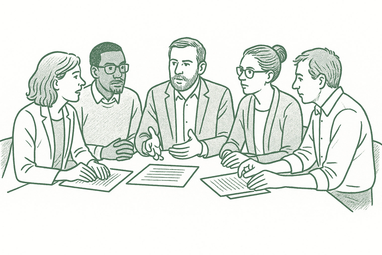 A small group of nonprofit leaders in close peer discussion around a table