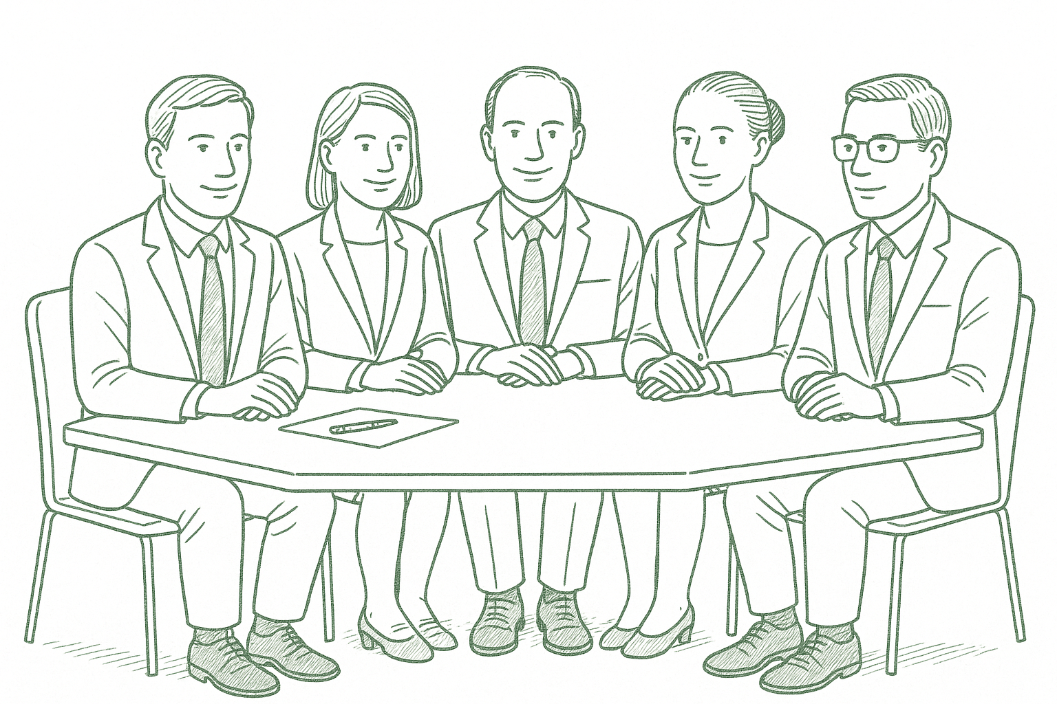 A group of professionals sitting together, each wearing a composed expression while privately uncertain, rendered in sage green pen strokes in the style of a newspaper editorial illustration