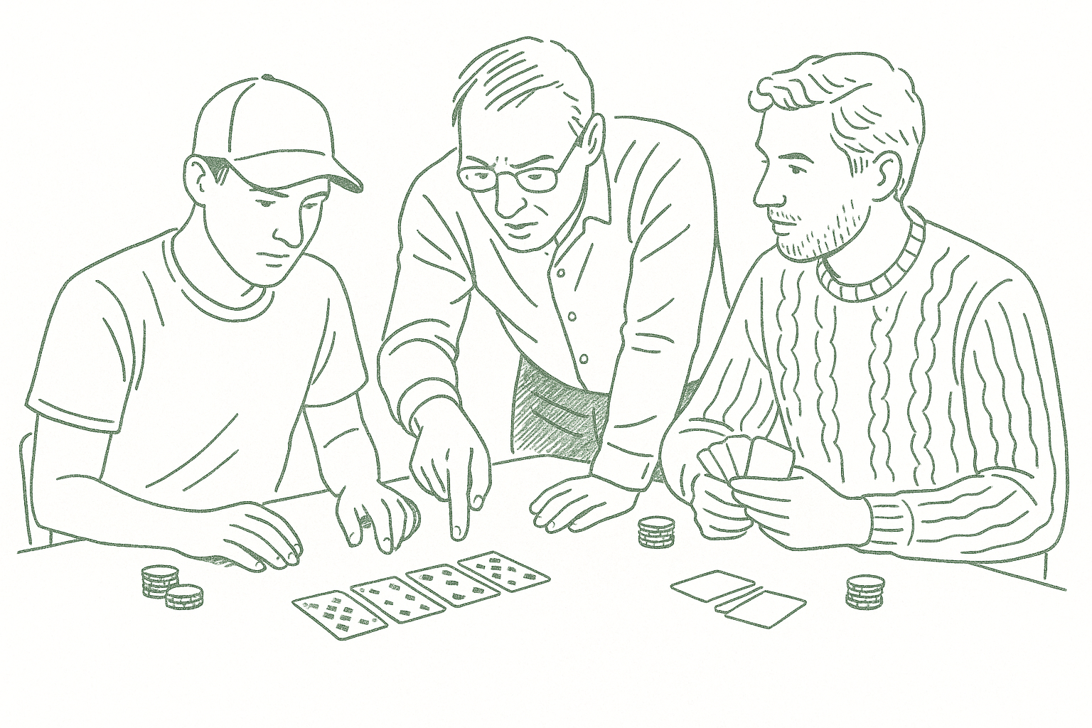 Three poker players leaning over a table in candid post-hand review, pointing to cards and trading honest analysis — editorial pen illustration