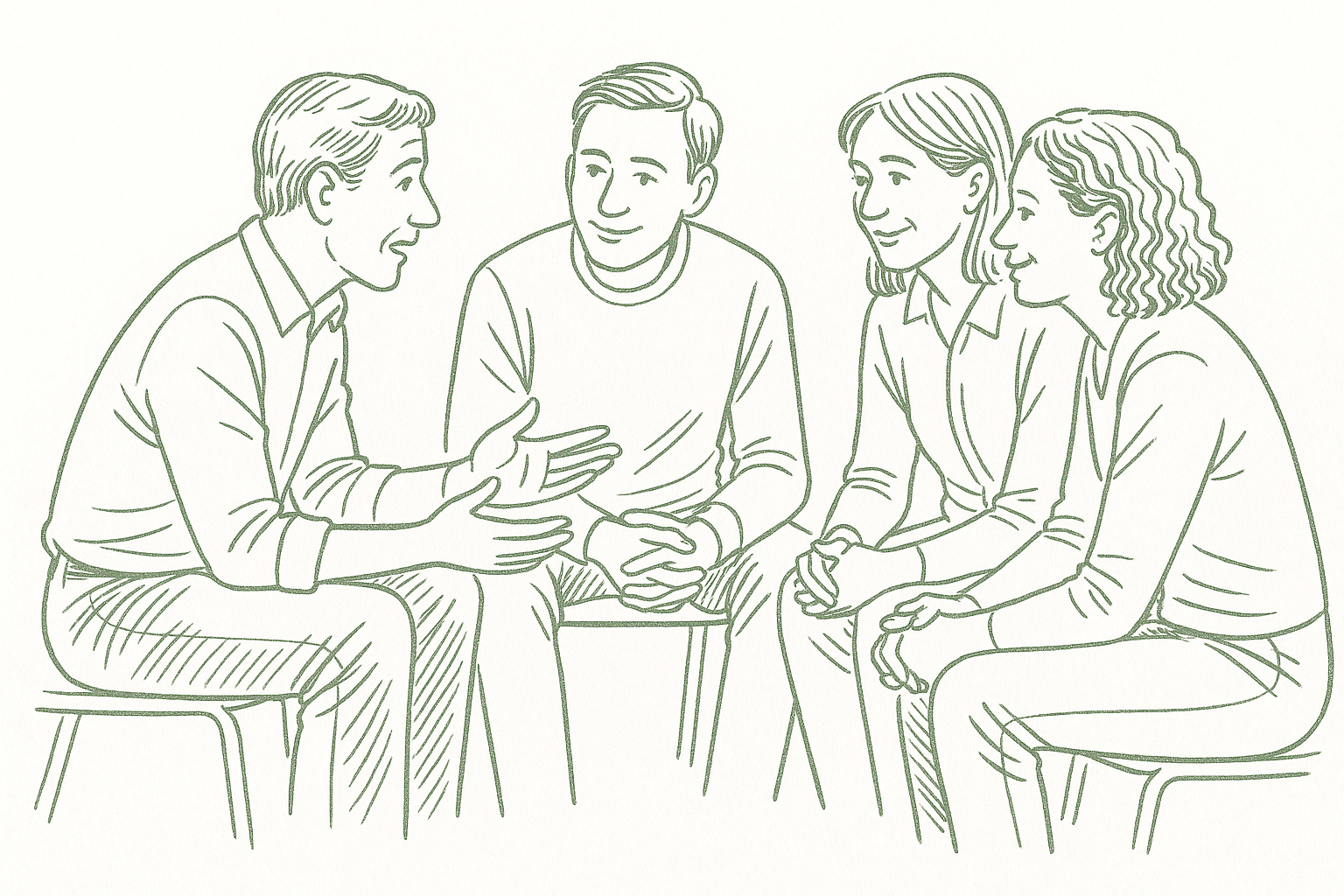 A small group in open, candid conversation — leaning in, listening, speaking honestly