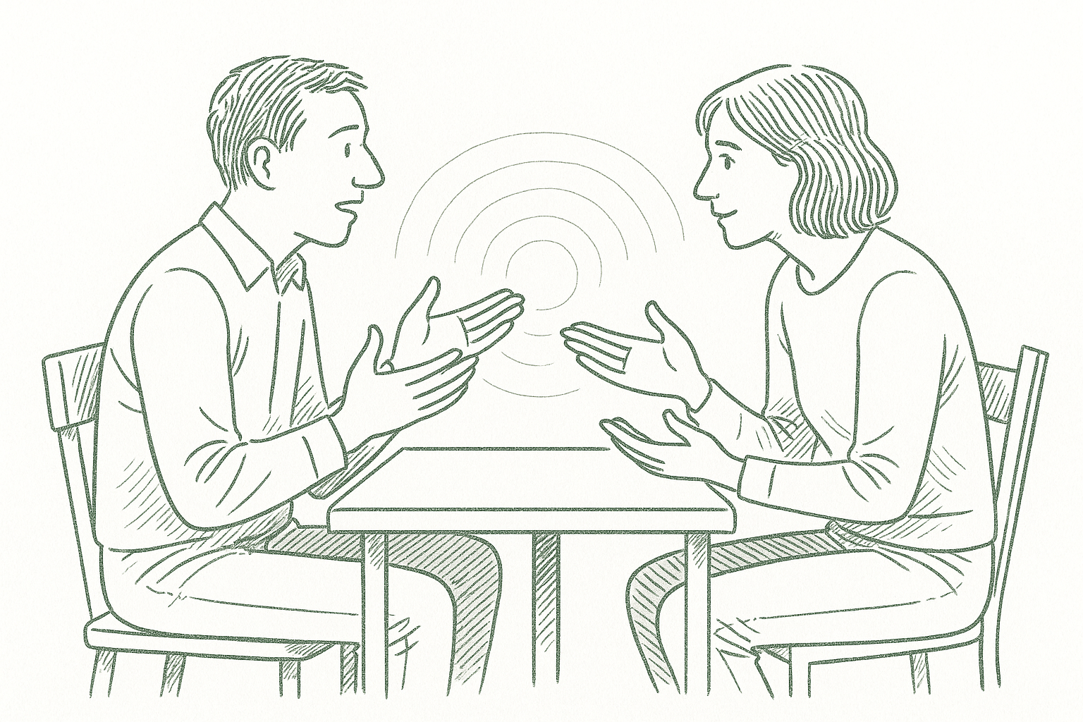 Two people sitting across from each other sharing openly, with concentric circles of connection between them — editorial pen illustration in sage green ink
