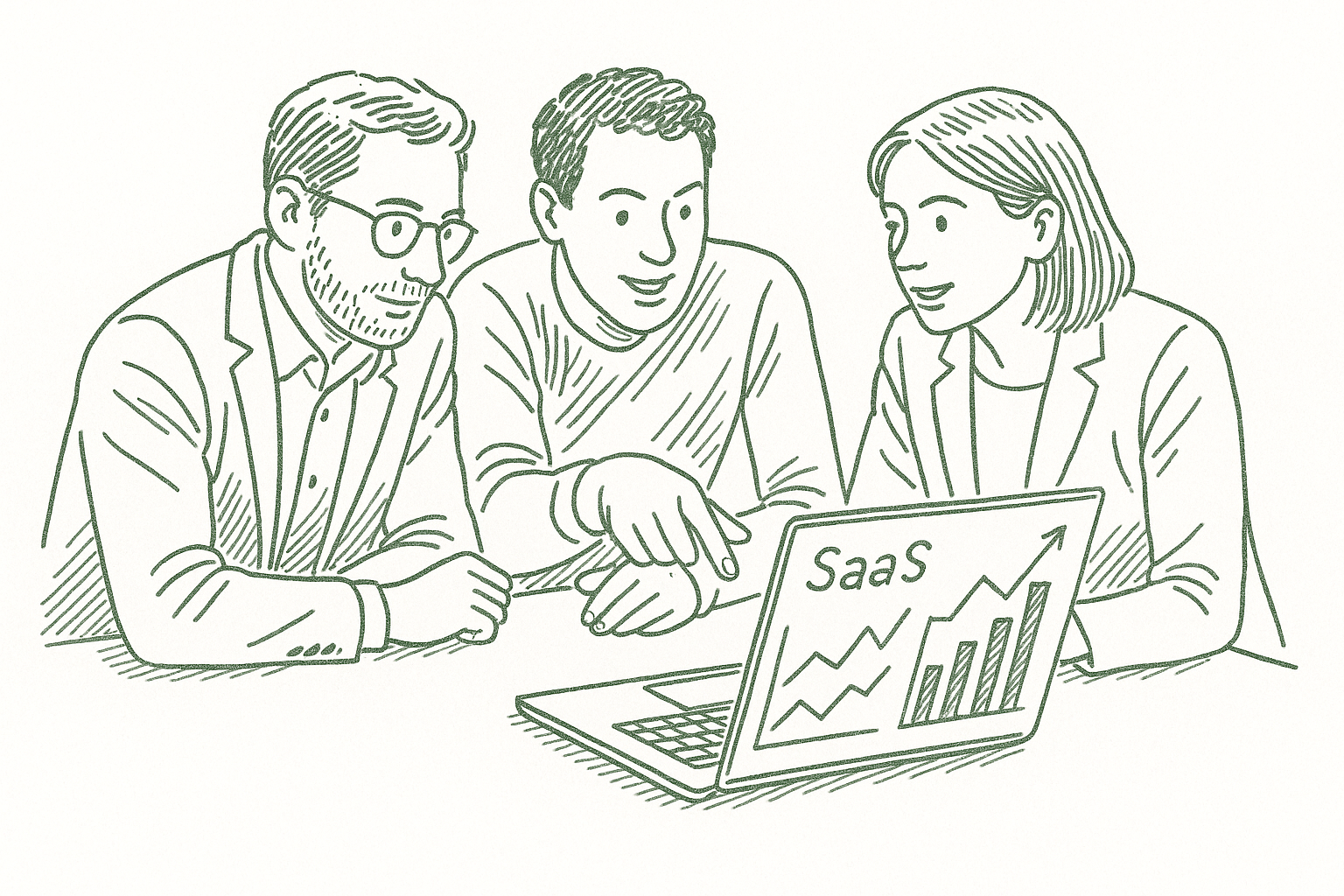 A small group of founders gathered around a screen displaying a growth chart