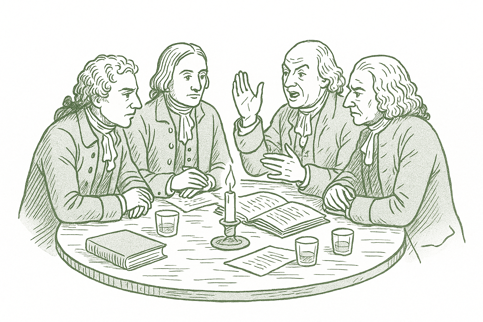Eighteenth-century Scottish intellectuals gathered around a tavern table in animated discussion — editorial pen illustration in sage green ink