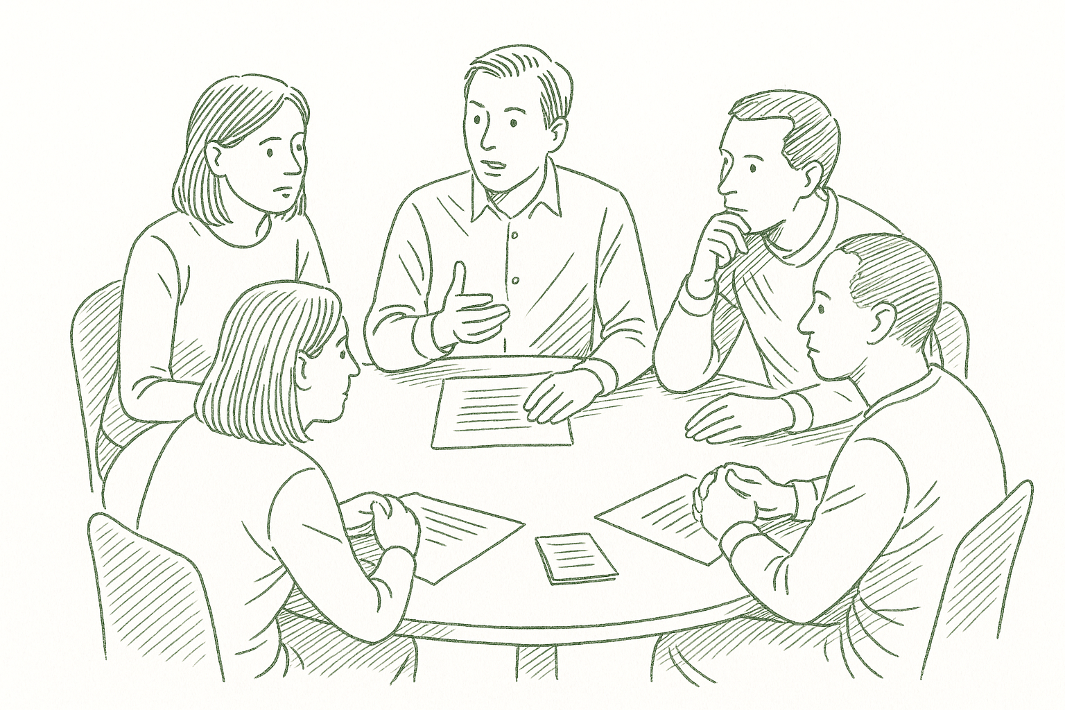 Five people seated around a round table in deep collaborative discussion