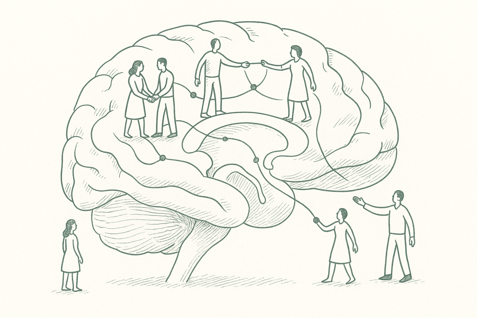 A human brain with small figures of people standing inside and around it, connected by neural pathways, rendered in sage green pen strokes in the style of a newspaper editorial illustration