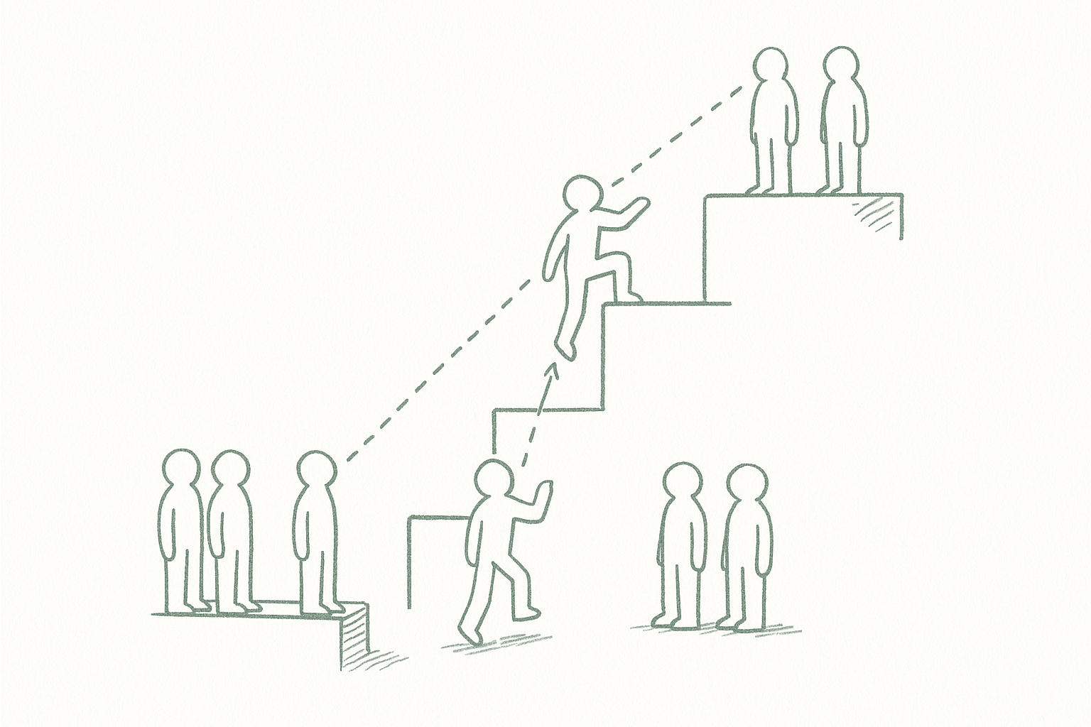 Small figures on platforms at different heights looking upward at peers above them, with dotted comparison lines between them, rendered in sage green pen strokes