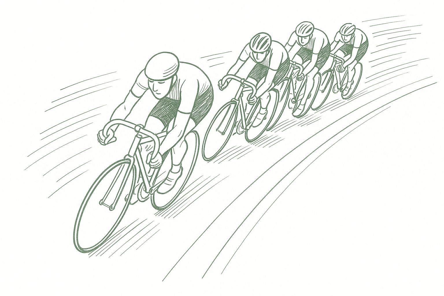 Cyclists racing together on a velodrome track, rendered in sage green pen strokes in the style of a newspaper editorial illustration