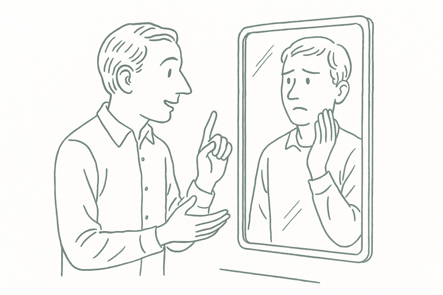 A person giving wise counsel to their own reflection in a mirror, rendered in sage green pen strokes in the style of a newspaper editorial illustration