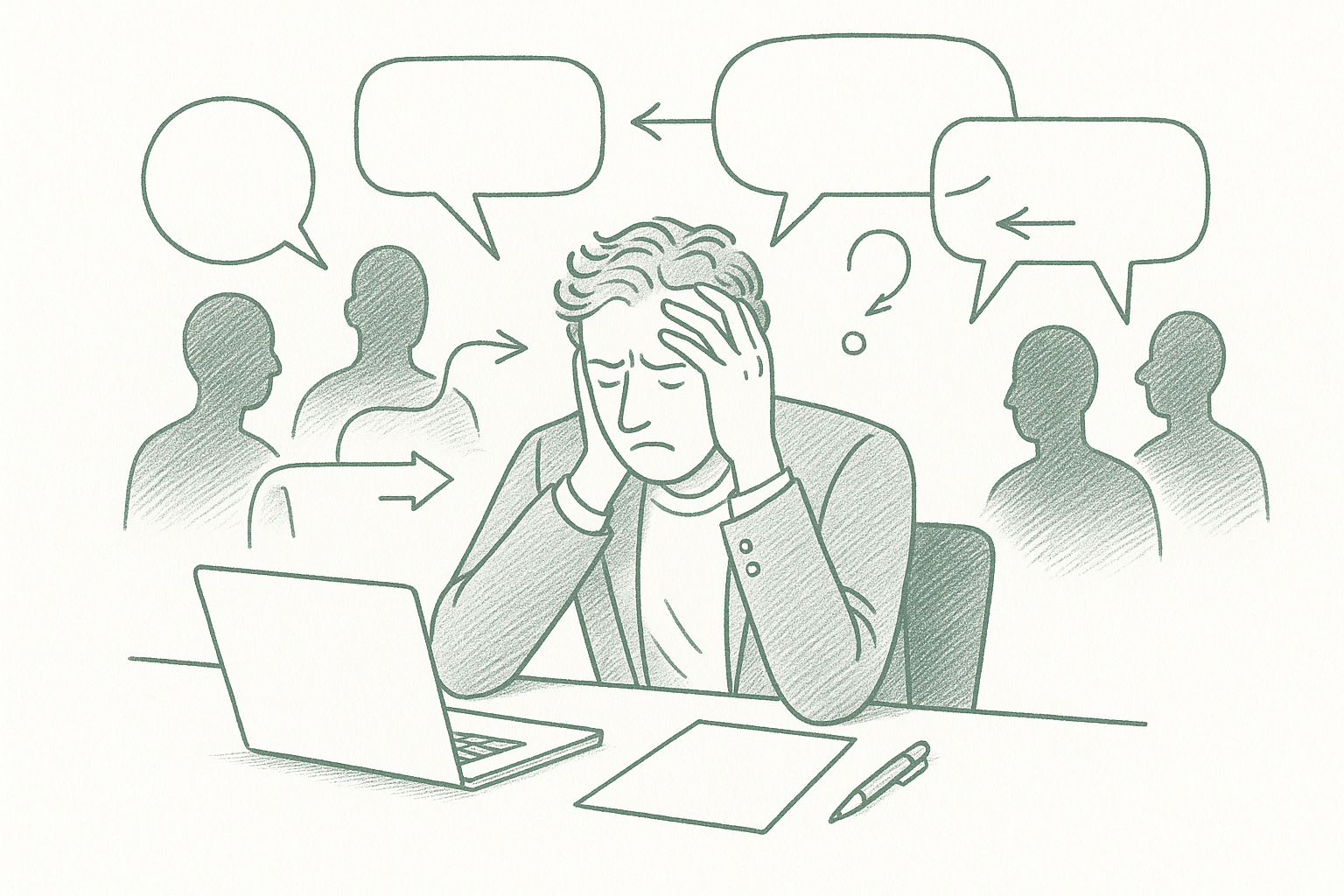 A founder surrounded by contradicting speech bubbles from well-meaning advisors, holding their head in confusion — editorial pen illustration in sage green ink