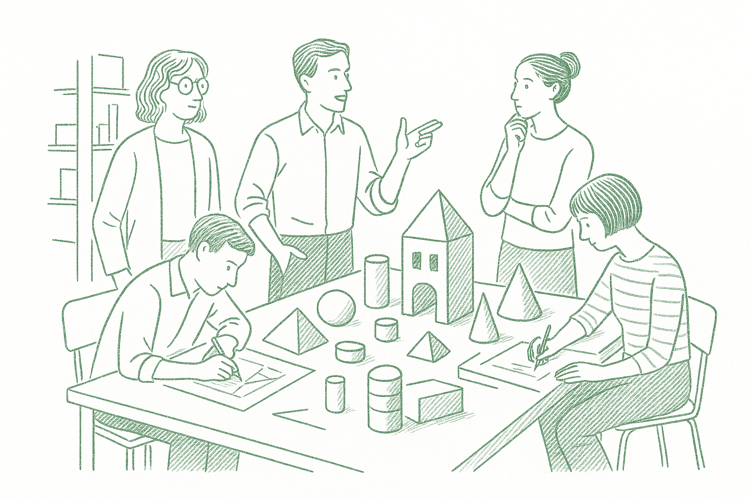 A small group of artists and designers gathered around a worktable in a Bauhaus-style workshop — editorial pen illustration in sage green ink