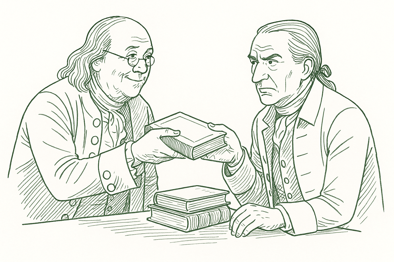 Benjamin Franklin lending a rare book to a political rival across a desk — editorial pen illustration in sage green ink