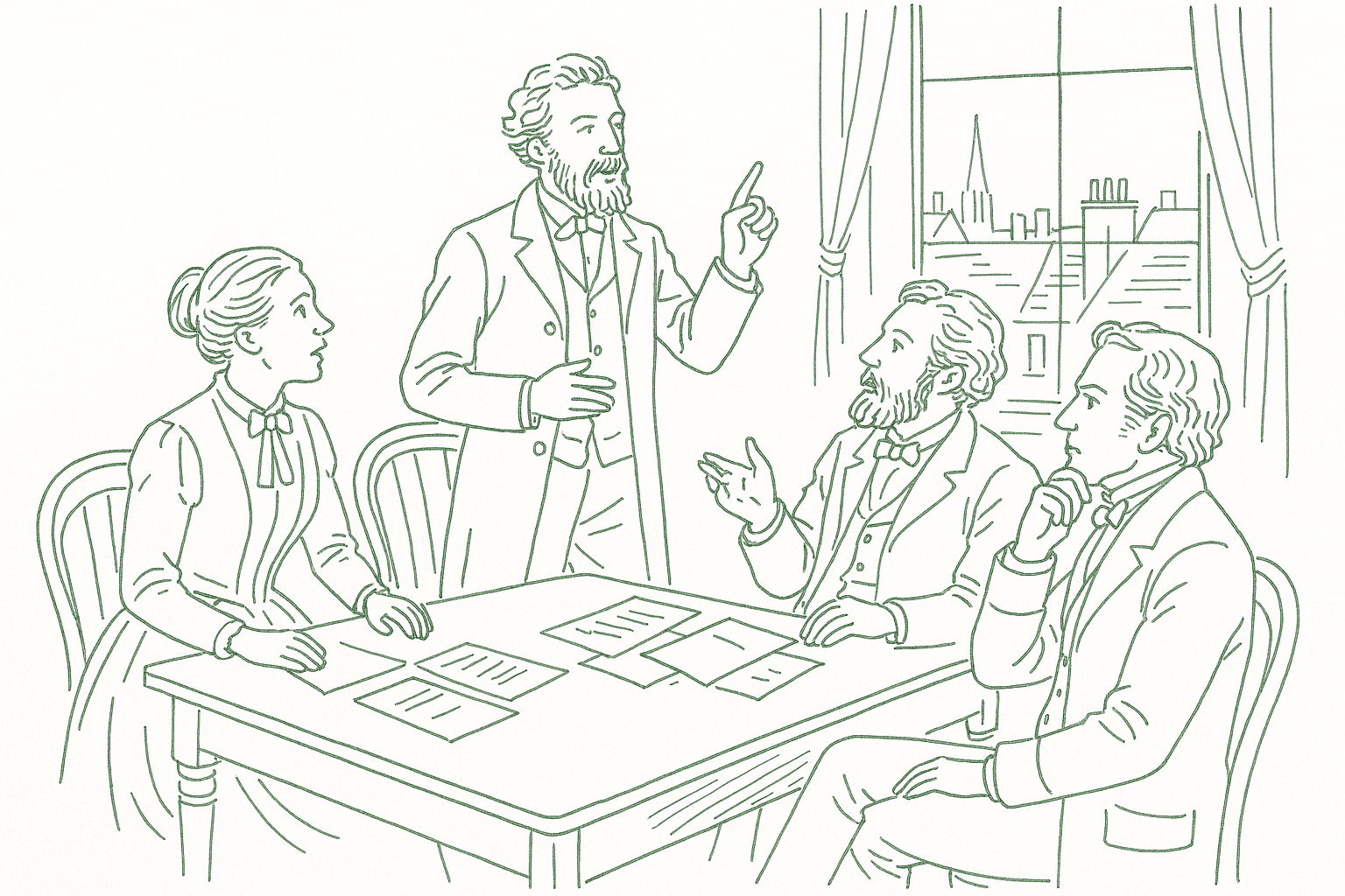 Victorian-era intellectuals gathered around a London drawing room table in animated discussion with pamphlets and papers — editorial pen illustration in sage green ink