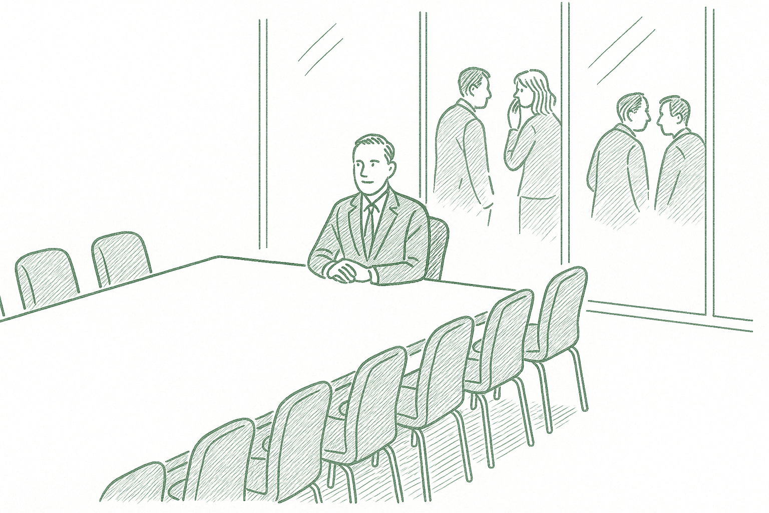 A lone executive sitting at an empty boardroom table while colleagues whisper outside glass walls, rendered in sage green pen strokes in the style of a newspaper editorial illustration
