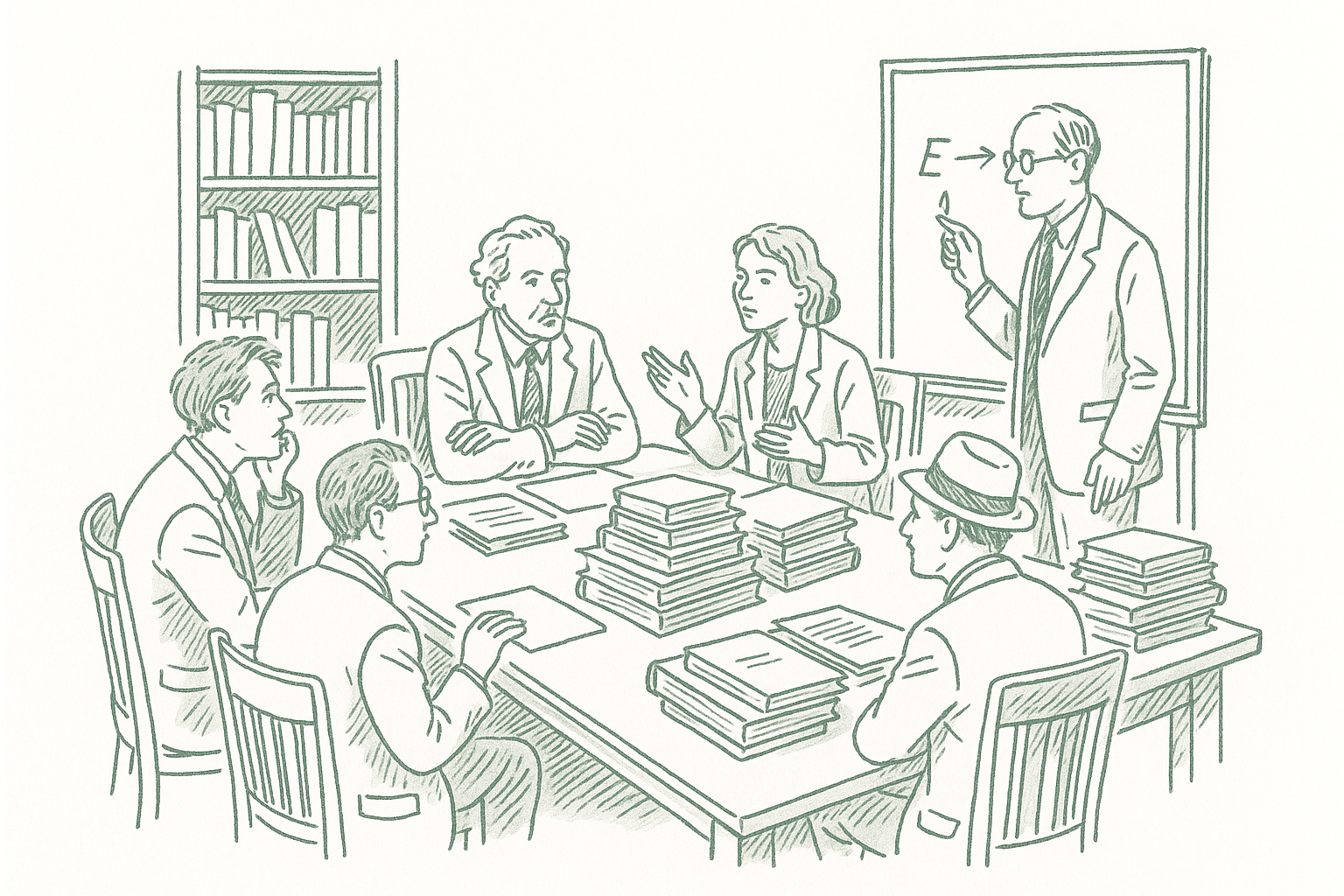 1930s intellectuals gathered around a seminar table in animated scholarly discussion with books and a chalkboard — editorial pen illustration in sage green ink