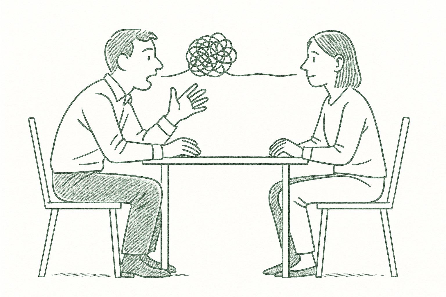 A person articulating an idea across a table, with tangled lines leaving their mouth that gradually straighten, rendered in sage green pen strokes in the style of a newspaper editorial illustration