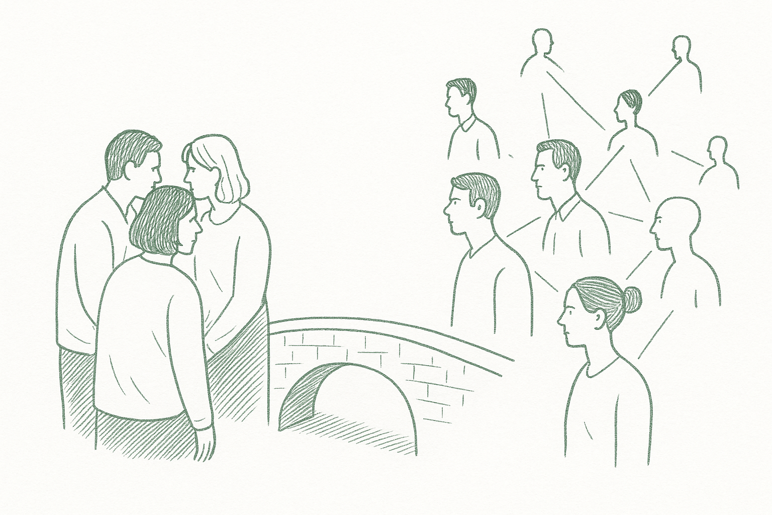 Two groups of people: a tight cluster huddled together and a loose network connected by bridges, rendered in sage green pen strokes in the style of a newspaper editorial illustration