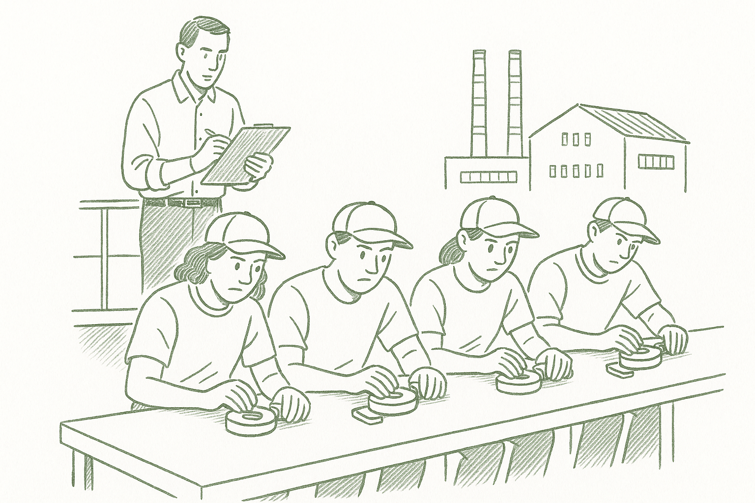 Workers at a factory table assembling parts while an observer watches from above with a clipboard, rendered in sage green pen strokes in the style of a newspaper editorial illustration