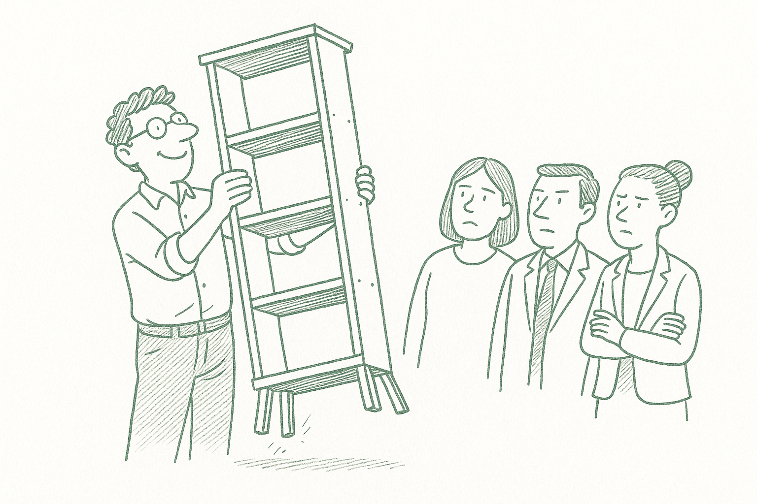 A founder proudly presenting a slightly crooked self-assembled bookshelf while peers nearby exchange knowing glances — editorial pen illustration in sage green ink