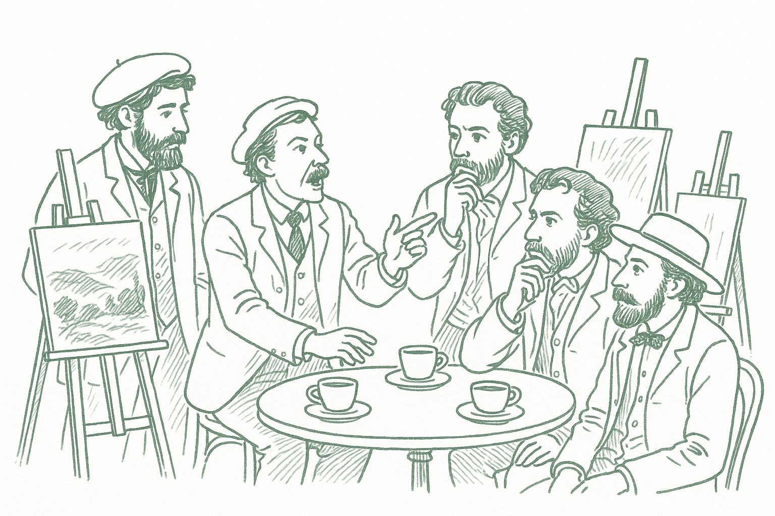 A group of 1860s French painters gathered around easels in a Paris cafe, discussing and critiquing artwork — editorial pen illustration