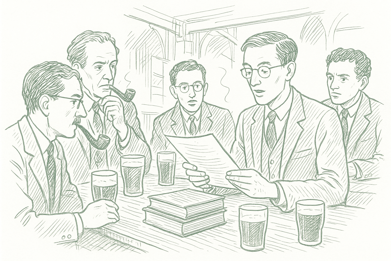 A small group of 1930s-40s Oxford academics gathered in a pub, one reading aloud from a manuscript — editorial pen illustration