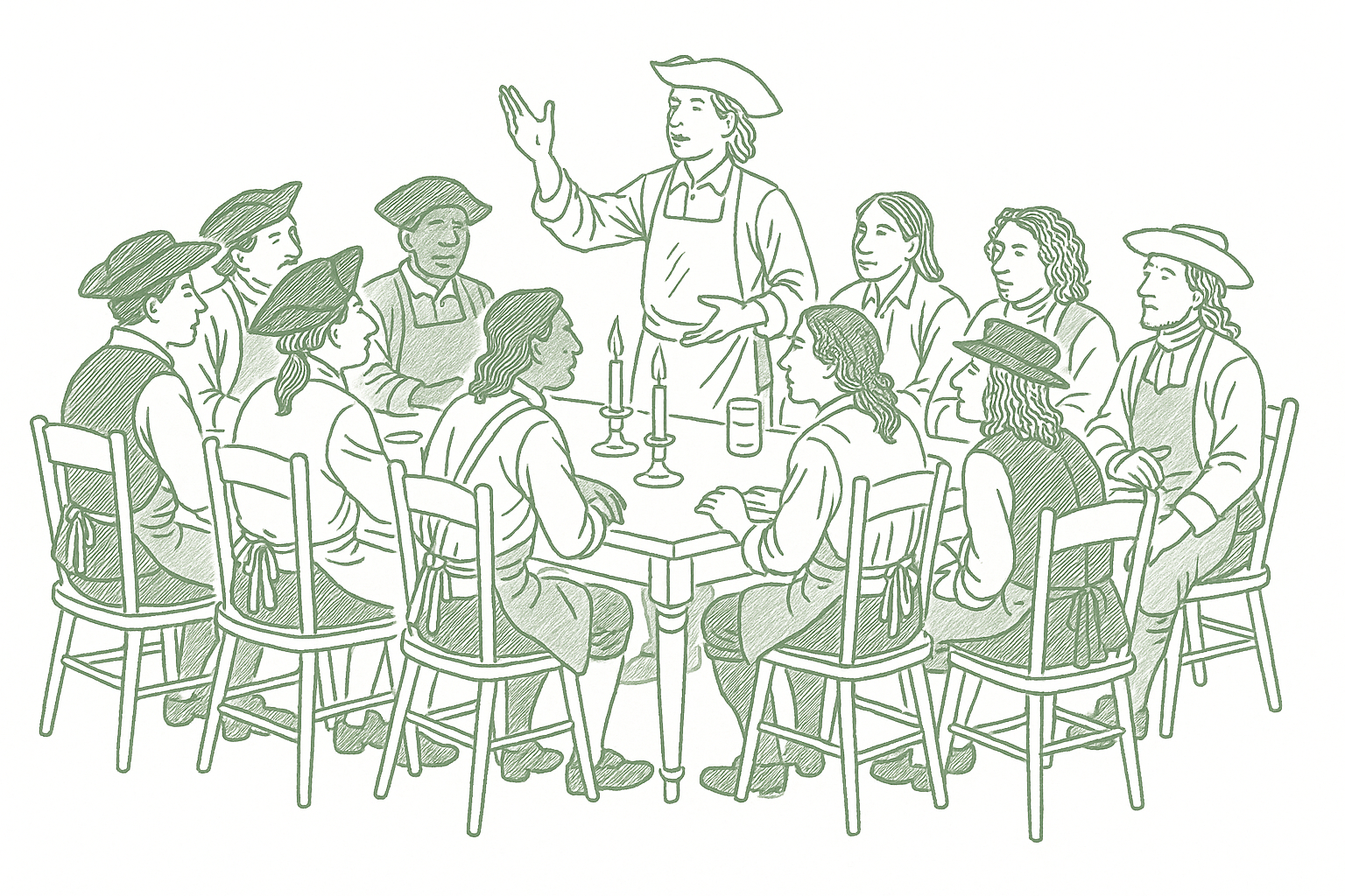 Twelve colonial Philadelphia tradesmen gathered around a tavern table in animated Friday night discussion — editorial pen illustration