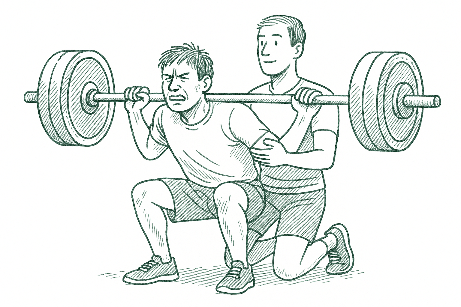 Two people lifting a heavy barbell together, one straining with visible effort while the other provides steady support — editorial pen illustration in sage green ink