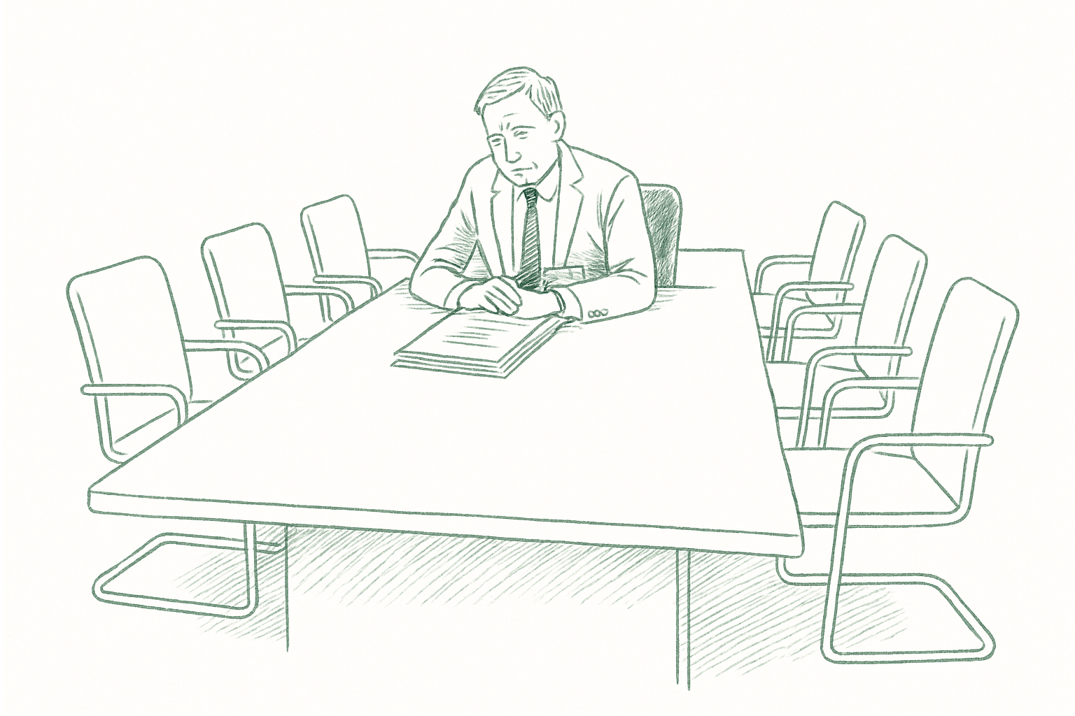 A CEO sits alone at the head of a long conference table surrounded by empty chairs