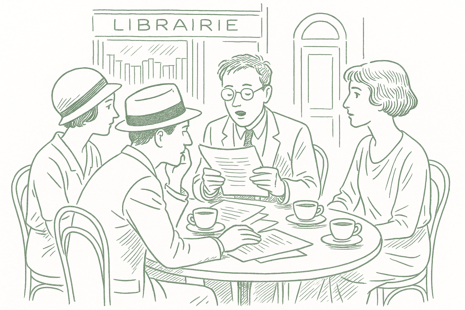 A group of writers gathered around a small café table in 1920s Paris with coffee cups and manuscripts — editorial pen illustration in sage green ink