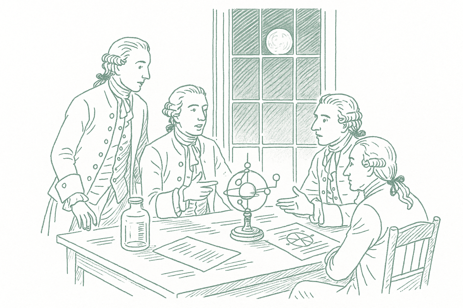 A small group of 18th-century gentlemen gathered around a dining table by moonlight with scientific instruments — editorial pen illustration