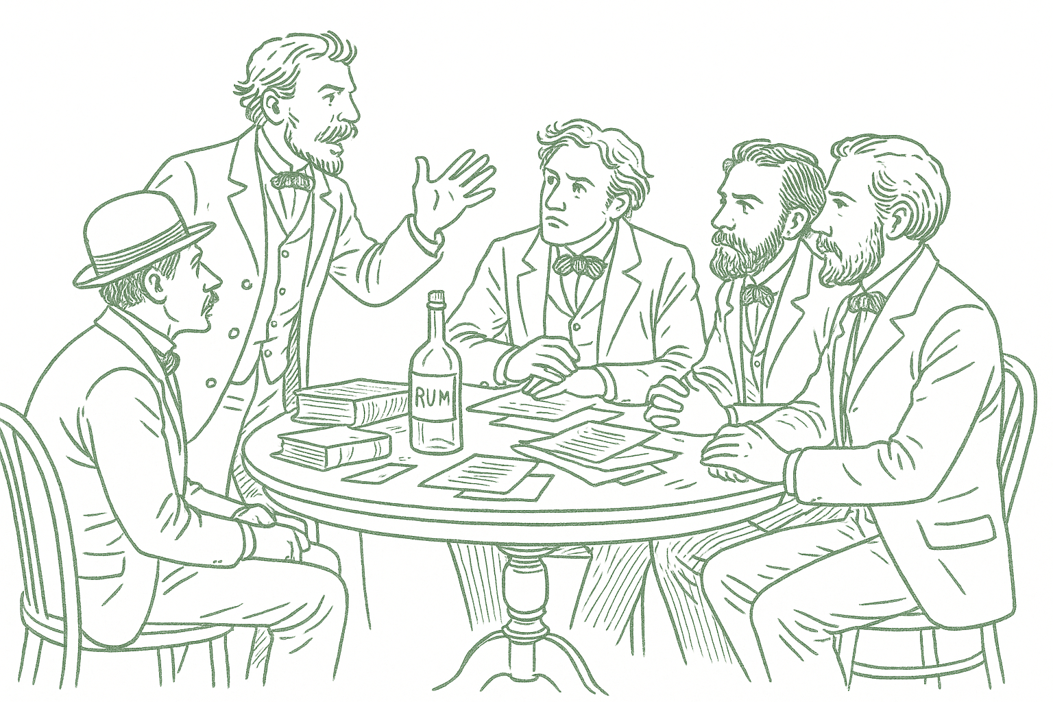 A small group of men in Victorian attire gathered around a parlor table in animated philosophical discussion, one standing and gesturing while others lean in, a bottle of rum on the table, rendered in sage green pen strokes in the style of a newspaper editorial illustration
