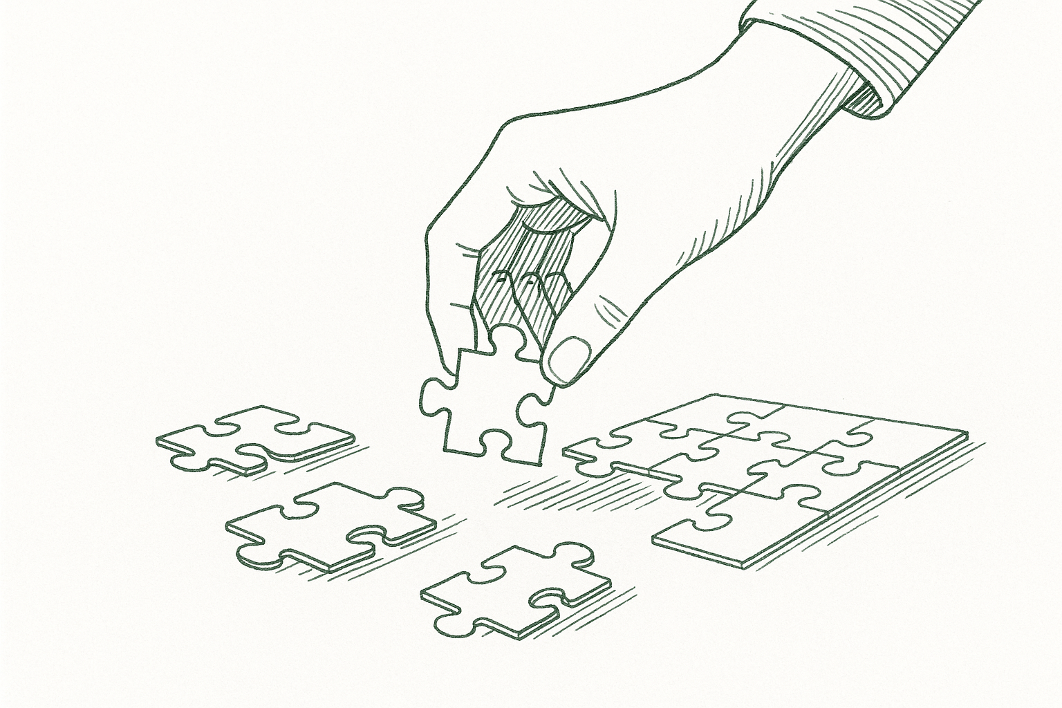 A hand reaching back to pick up an unfinished puzzle piece from a table, with scattered incomplete puzzle sections — editorial pen illustration in sage green ink