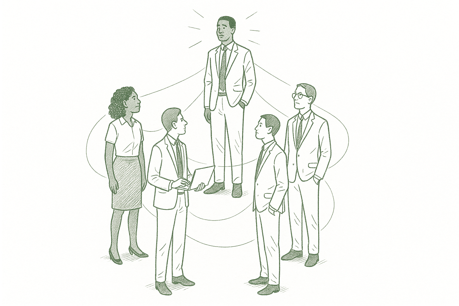 Five professionals standing in a connected circle with subtle threads of influence between them — editorial pen illustration