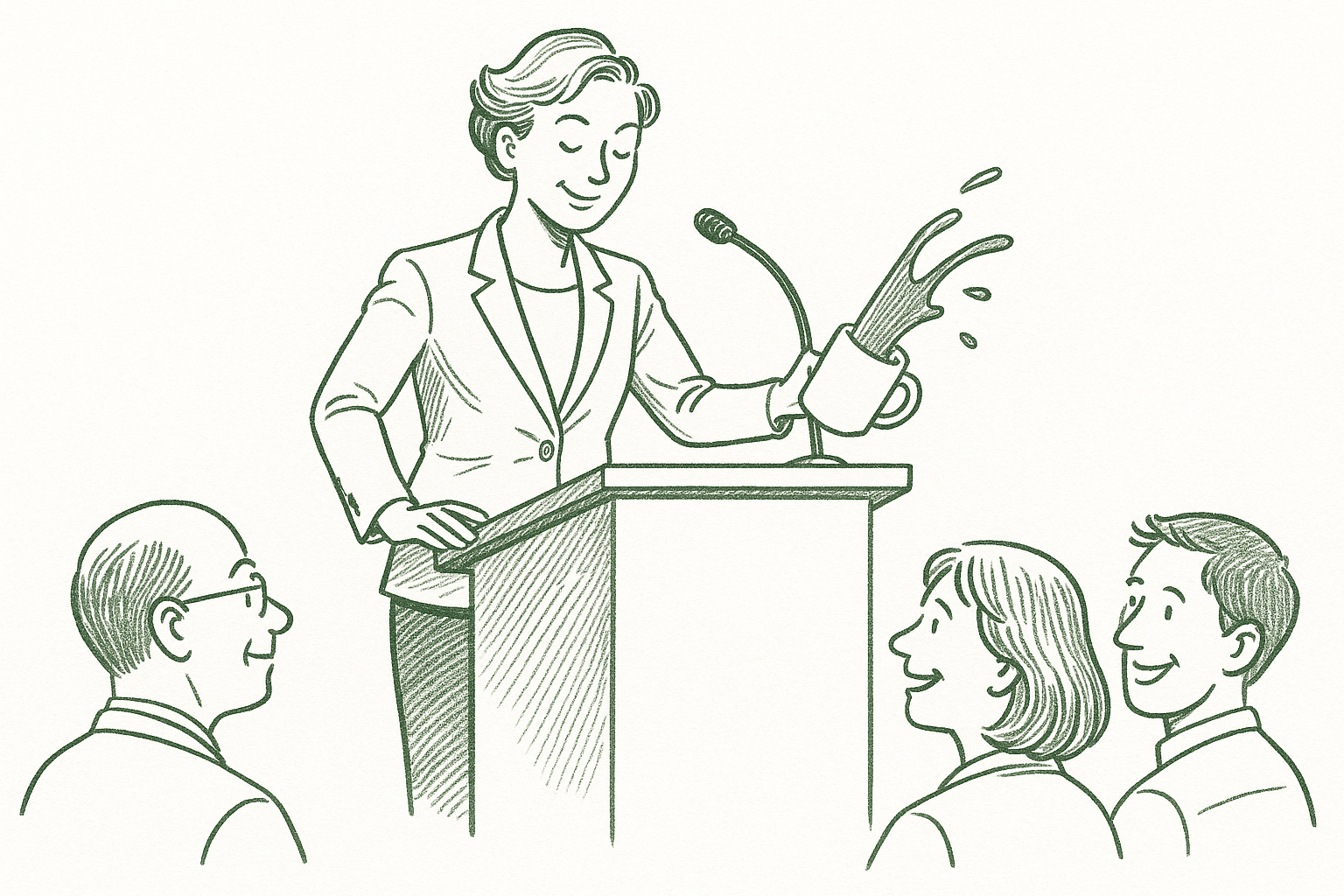 An executive spilling a cup of coffee at a podium while a small audience warms to them, rendered in sage green pen strokes in the style of a newspaper editorial illustration