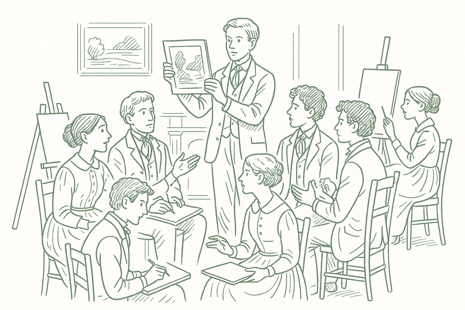 Seven young Victorian-era artists gathered in a parlor, some sketching and some in animated debate with easels and canvases visible, rendered in sage green pen strokes in the style of a newspaper editorial illustration