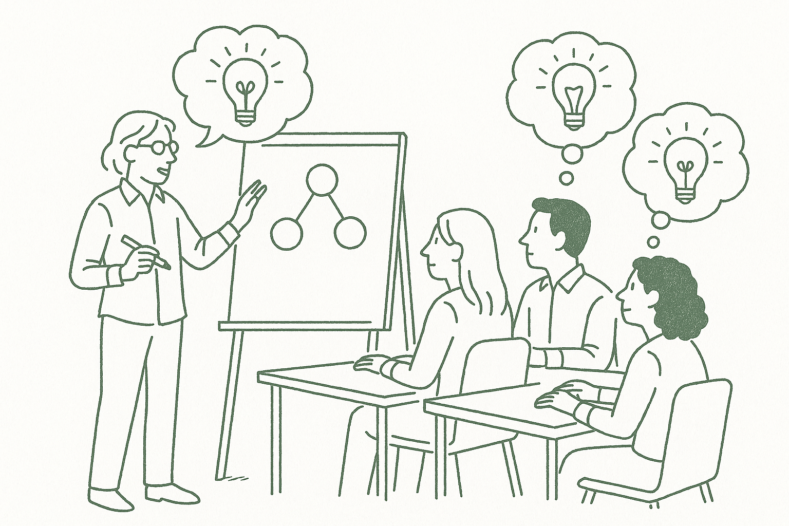 A person at a whiteboard explaining a concept to peers, with lightbulbs above both teacher and listeners