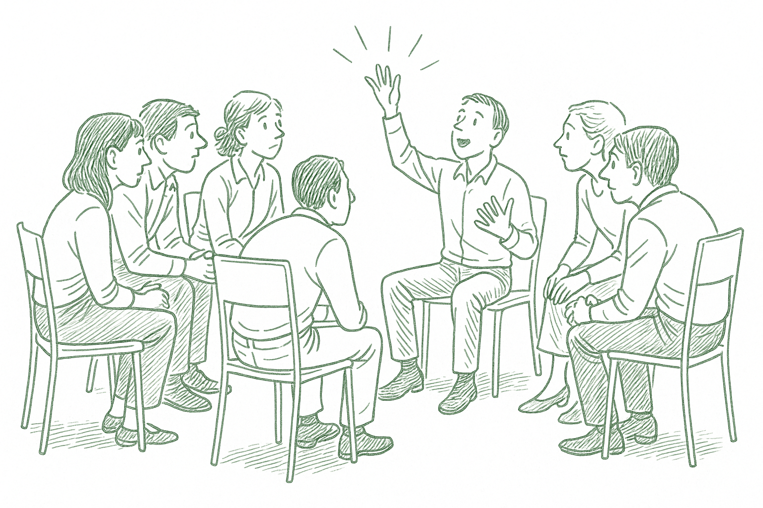 A group of people seated in a circle with one person at the center speaking with upward energy while others lean forward attentively, rendered in sage green pen strokes in the style of a newspaper editorial illustration