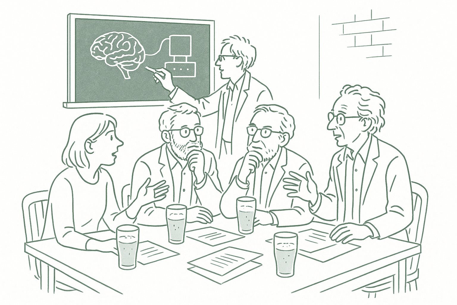 Scientists gathered around a dinner table in a basement room discussing brain-and-machine diagrams — editorial pen illustration in sage green ink