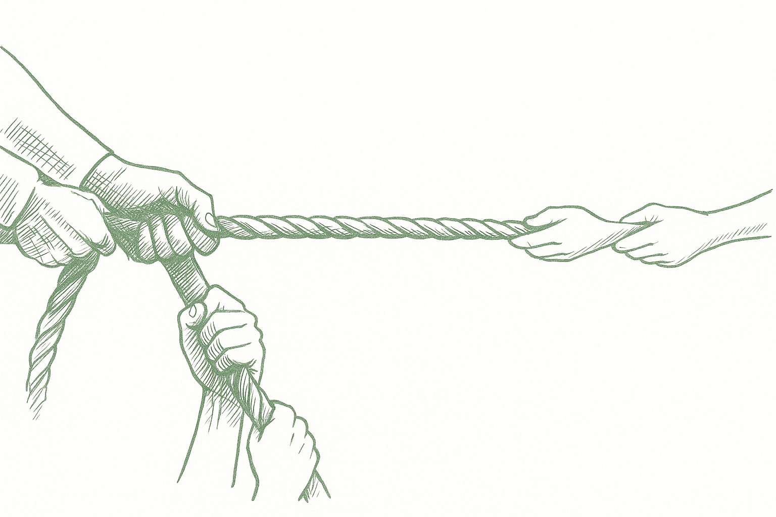 Several pairs of hands gripping a rope, with closer hands pulling hard and distant hands barely holding on — editorial pen illustration in sage green ink