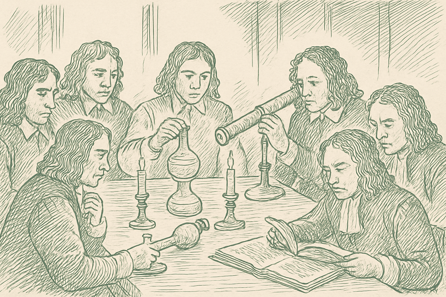 A group of 17th-century natural philosophers gathered around a table examining scientific instruments — editorial pen illustration in sage green ink