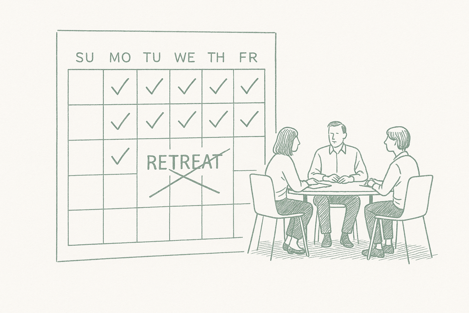 A calendar page showing recurring weekly checkmarks building over time beside a small group seated at a table, rendered in sage green pen strokes