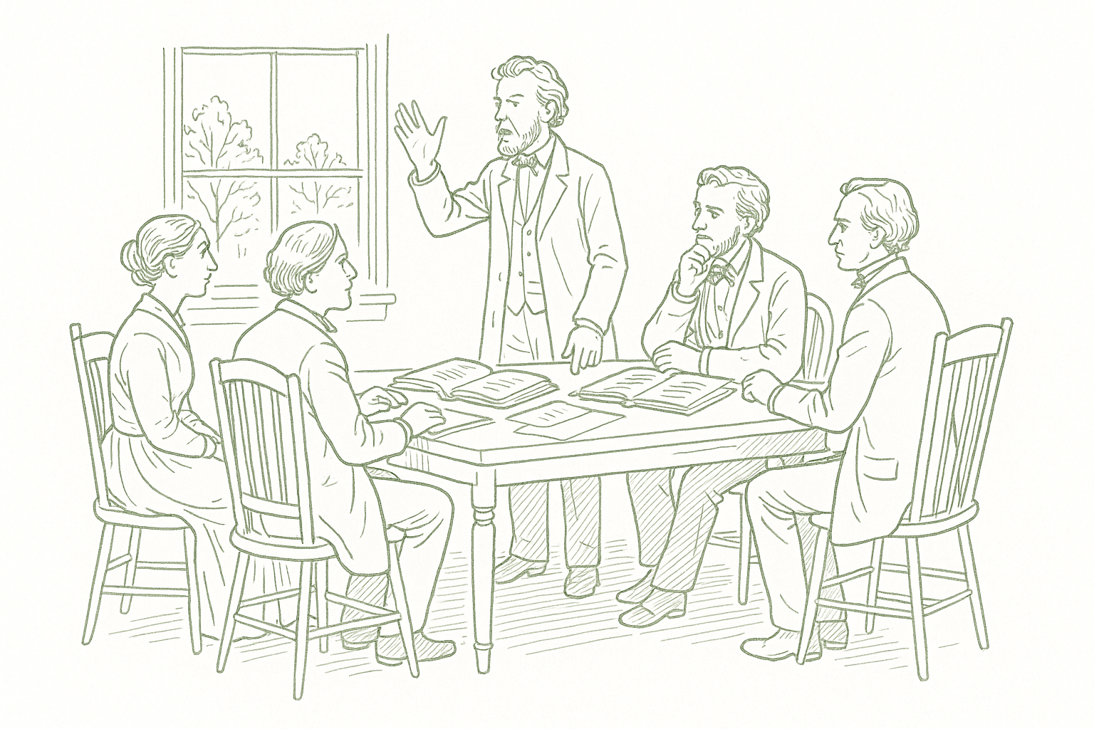19th-century American intellectuals gathered in a New England parlor with open books and papers — editorial pen illustration in sage green ink