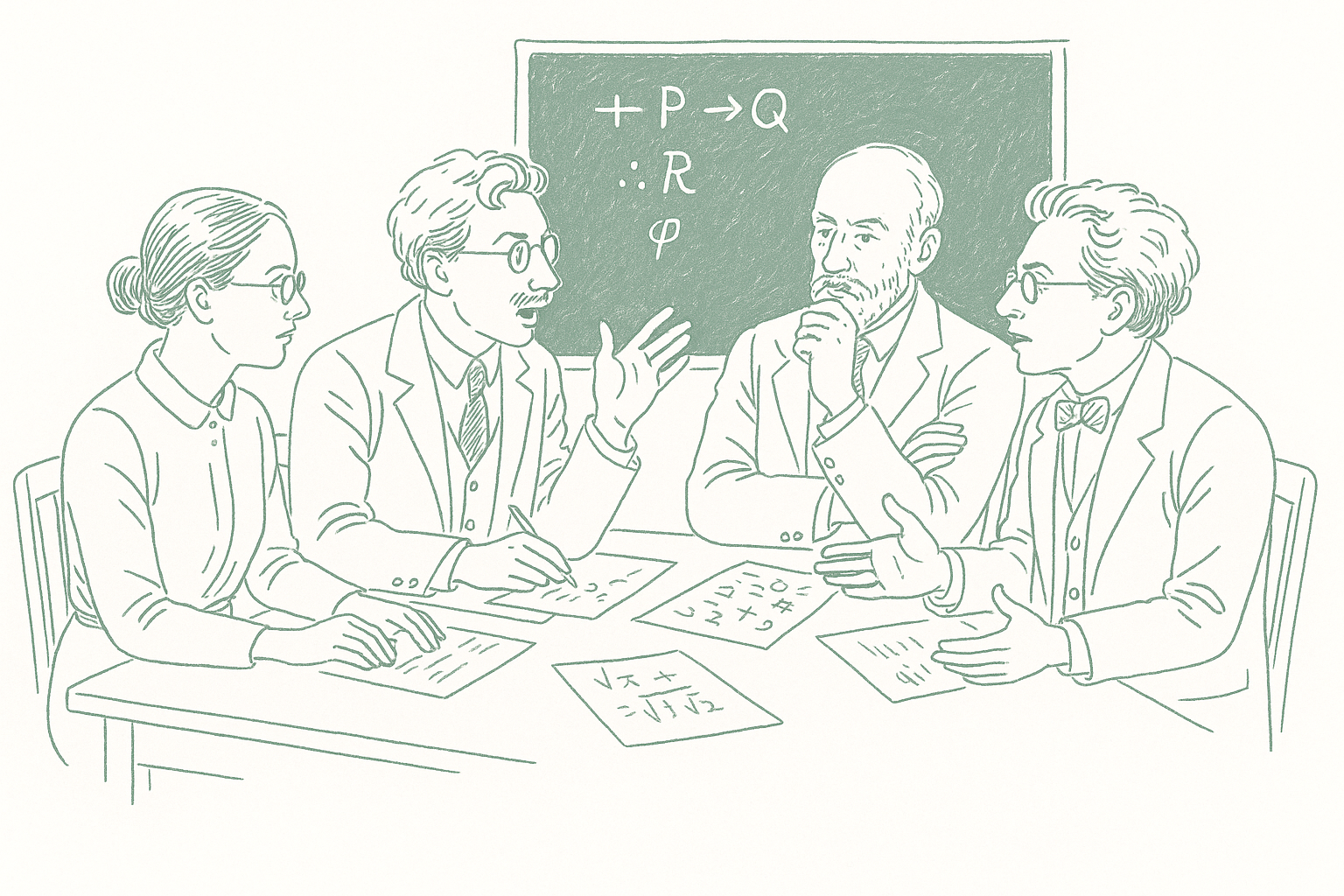 A small group of 1920s Vienna intellectuals gathered around a seminar table covered in papers with a chalkboard of logical symbols behind them — editorial pen illustration