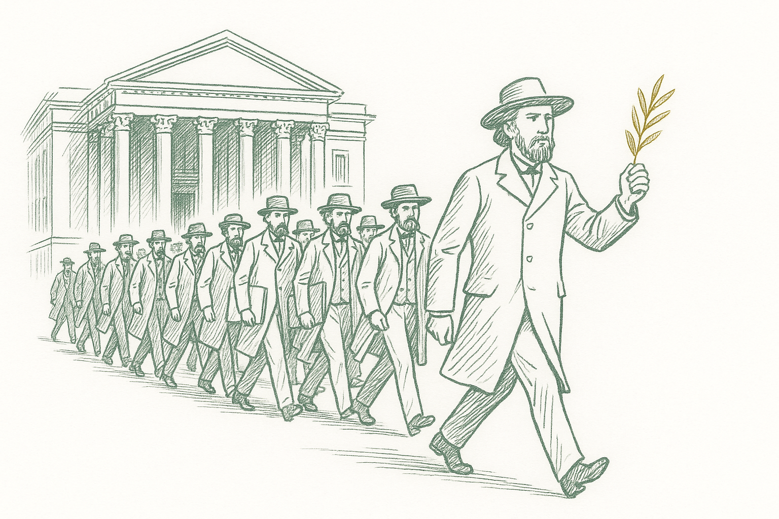 A group of 19th-century artists walking away from a grand neoclassical building, one holding a golden laurel branch — editorial pen illustration in sage green ink