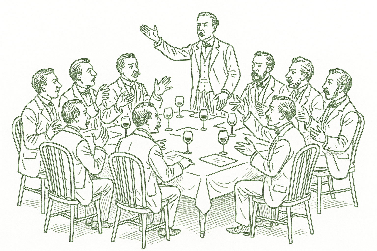 Nine Victorian-era gentlemen seated around a dinner table in animated discussion, rendered in sage green pen strokes in the style of a newspaper editorial illustration