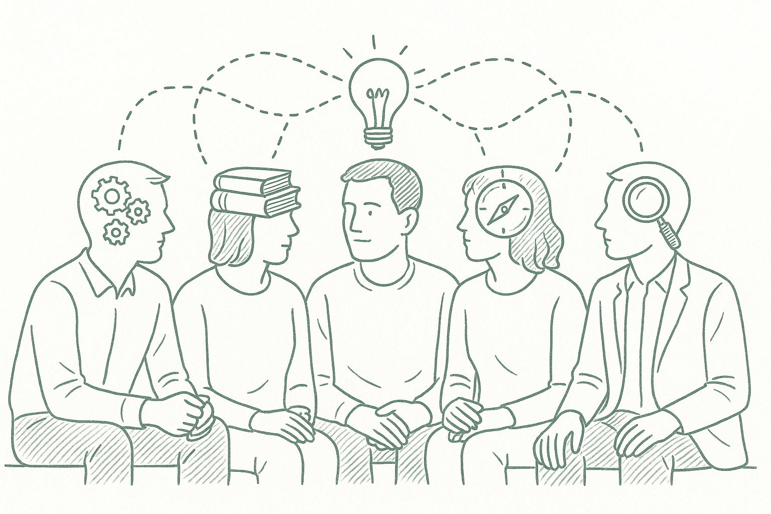Five people sitting together with symbolic connection lines between their minds, rendered in sage green pen strokes in the style of a newspaper editorial illustration