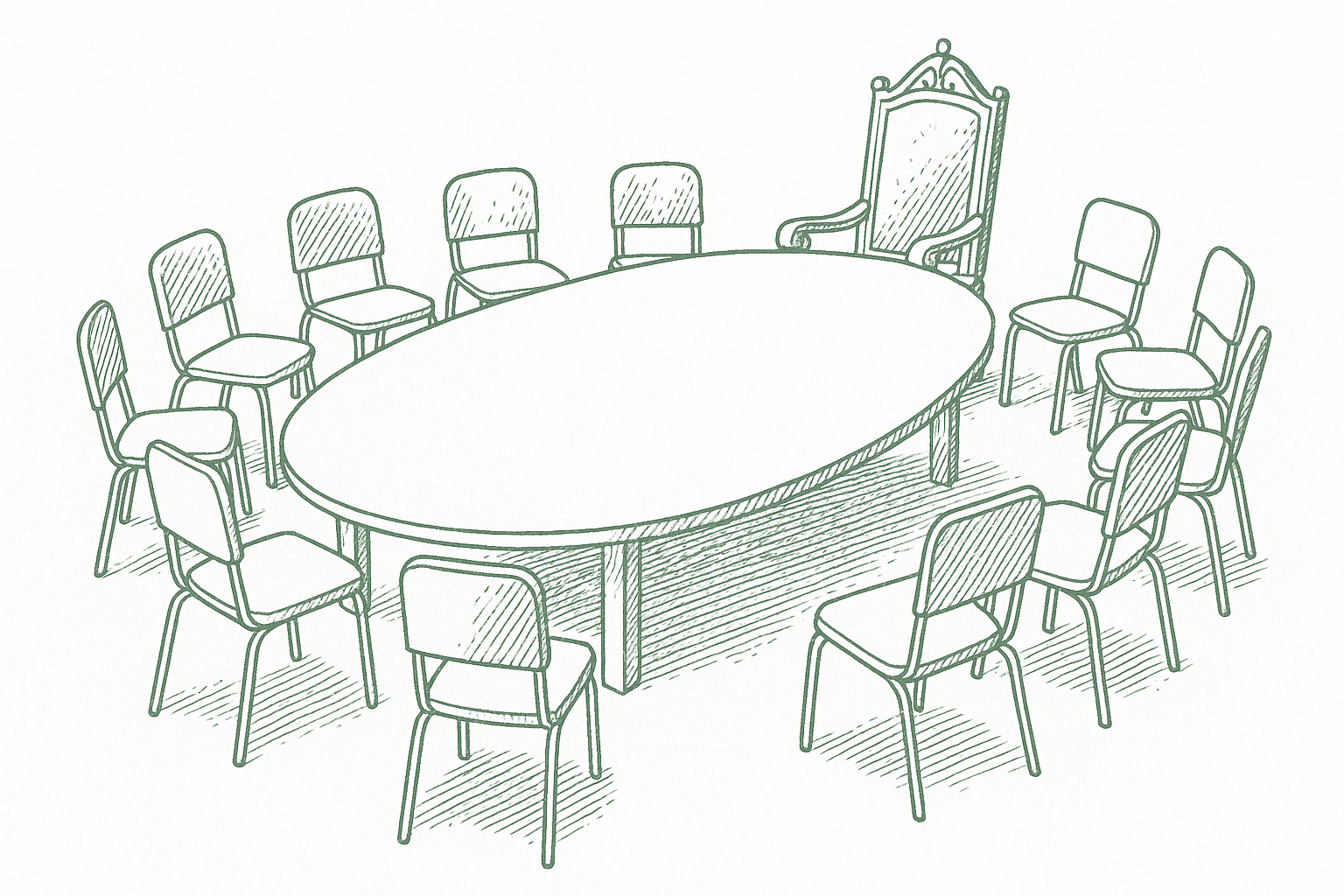 An ornate chair at a conference table head contrasted with modest chairs arranged in a circle — editorial pen illustration suggesting a shift from hierarchical to peer-level structure