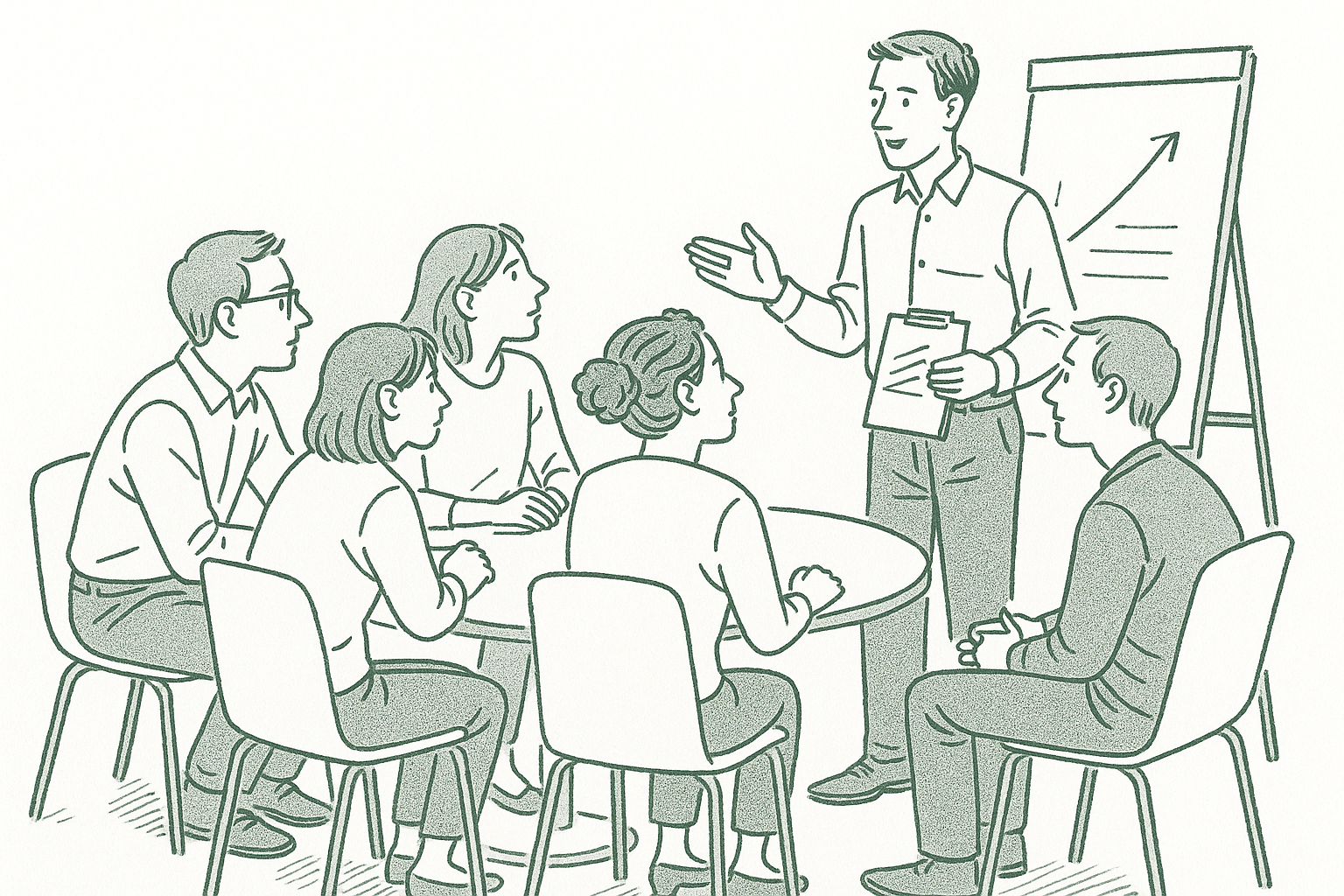 Five people seated around a small round table with one person presenting to the group — editorial pen illustration in sage green ink