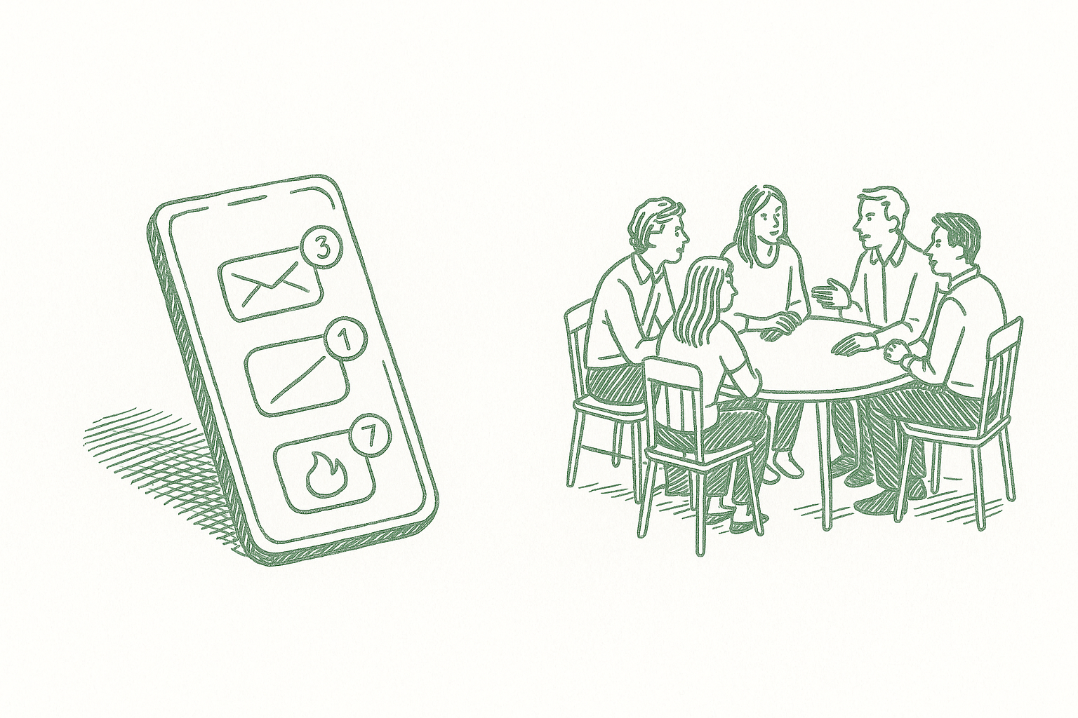 A smartphone with notification badges sitting alone on one side, and a small circle of five people in conversation on the other — editorial pen illustration in sage green ink