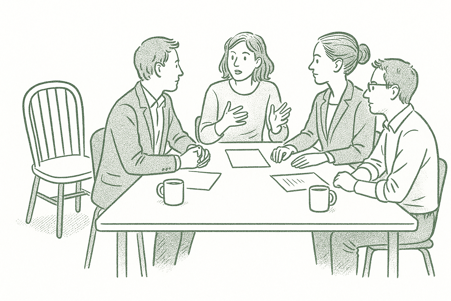 A small group meeting with one empty chair pushed back from the table — editorial pen illustration in sage green ink